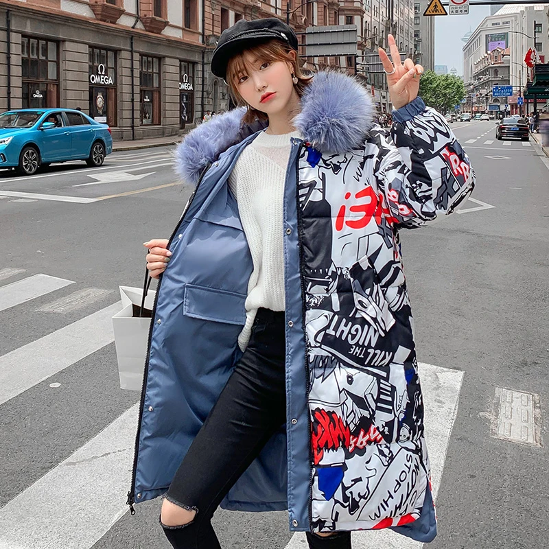 Модная двухсторонняя Женская парка зимнее Свободное длинное пальто с хлопковой подкладкой с капюшоном с мехом Толстая куртка женская верхняя одежда