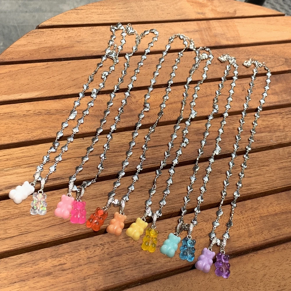 2021 Candy Color Gummy Bear Resin Pendant Necklace for Women Simple Golden Metal Chain Necklace Female Fashion Jewelry Gifts