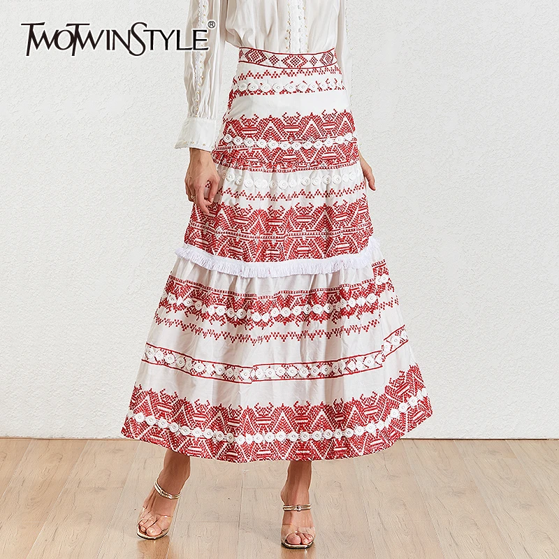 

TWOTWINSTYEL Vintage Tassel Women’s Skirt High Waist Print Patchwork Maxi Skirts Female 2019 Fashion Summer New Clothing
