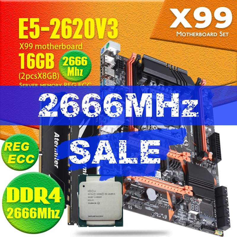 x99 комплект Материнская плата Atermiter X99 материнская DDR4 PC4 CPU Xeon E5 2620 V3 2 шт. * 8 ГБ = 16 2666