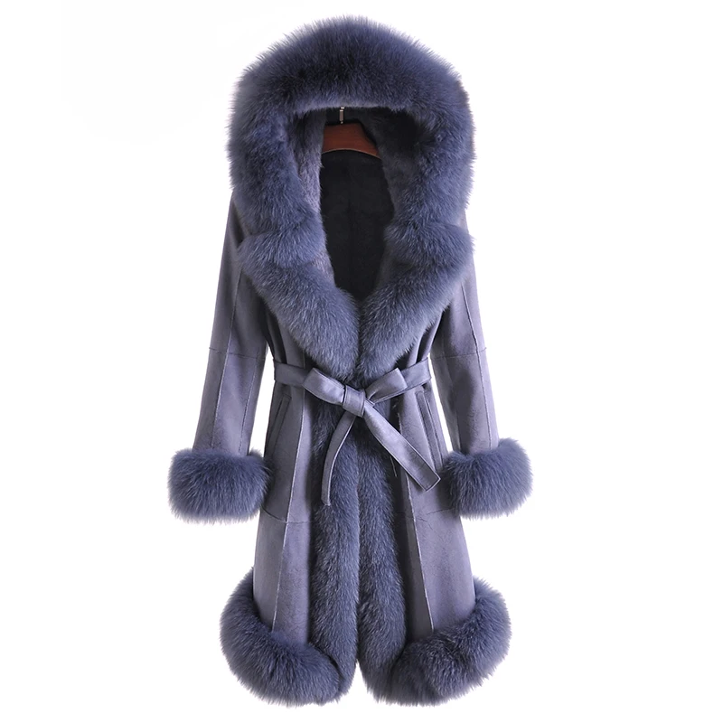 Real Big Fox Fur Collar Rabbitskin Fur Women Long Coat With Belt Genuine Leather Coat Winter