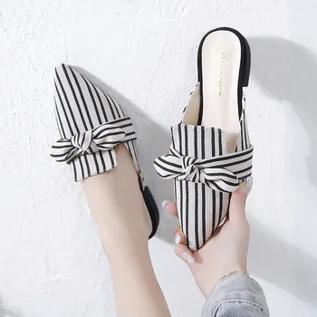 

2020 spring and summer women's shoes Korean striped Pointed bow tie slippers Baotou flat heel sets semi slippers