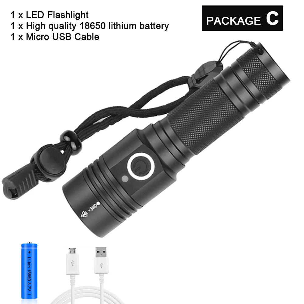 Супер яркий XHP50 светодиодный фонарик самый мощный фонарик с зумом охотничья вспышка light18650 водонепроницаемый USB перезаряжаемый светодиодный фонарь - Испускаемый цвет: Package C
