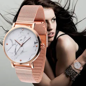 

WJ-8418 Fashion Rose Gold Mesh Band Marble Female Wrist Watch Luxury Women Quartz Watches Gift Ladies Watch reloj mujer saati