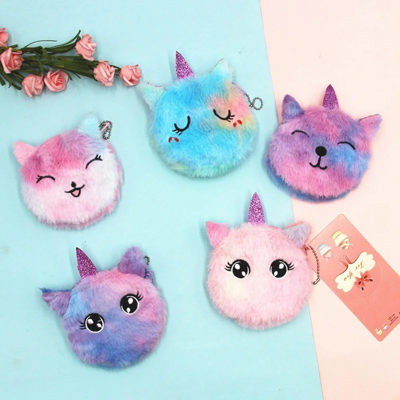 Cartoon Plush Unicorn Coin Purse Cute Cat Fur Circle Wallet Girl Clutch Embroidered Bag Key Earphone Organizer Pouch Kids Gift coin purse plush coin purse
