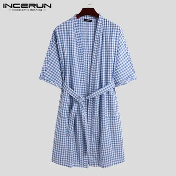 

INCERUN Men Plaid Robes Cotton Homewear 3/4 Sleeve V Neck Cozy Sleepwear Men Kimono Fashion Bathrobes Nightgown With Belt S-5XL