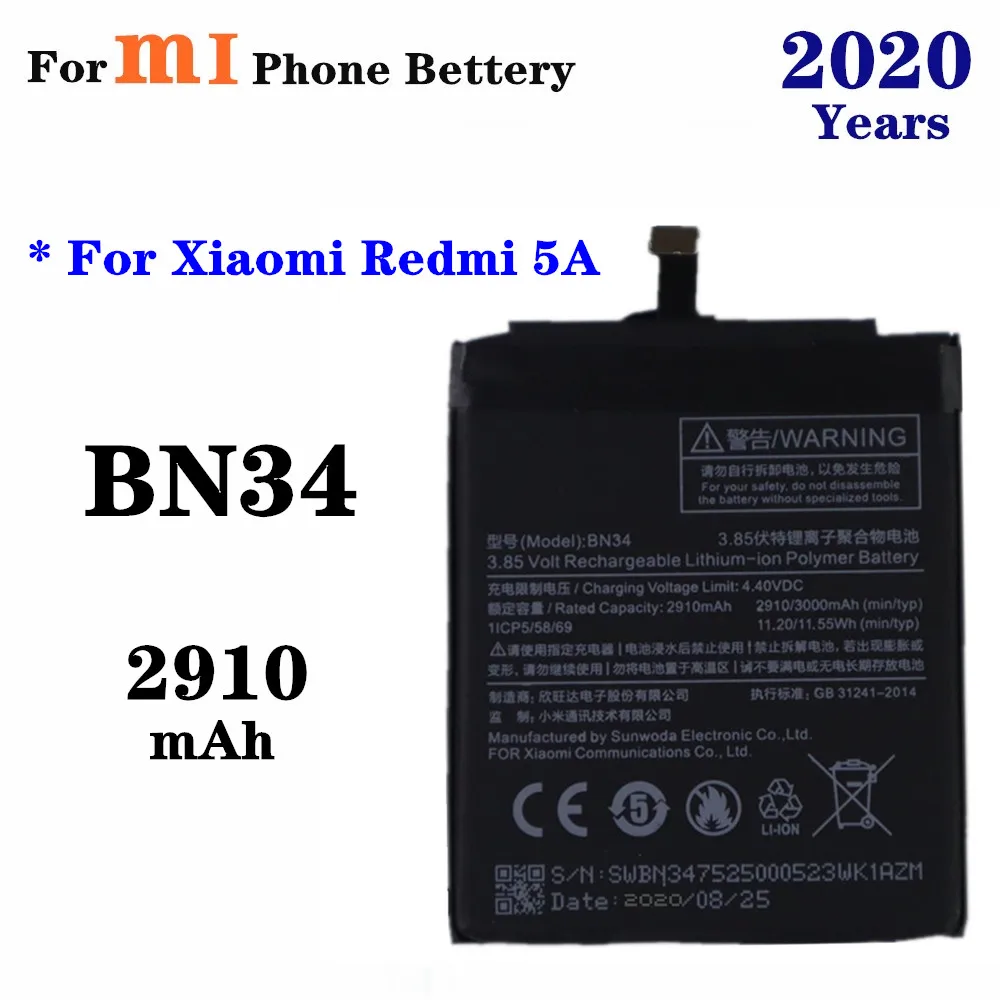 BN34 Phone Battery For Xiao Mi Redmi 5A Redrice 5A 2910mAh High Capacity Smartphone Replacement Battery