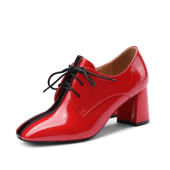 

Penuine Leather Women pumps lace up Party dress Shoes Woman high heels Female square toe Shoes woman size 41 42 43