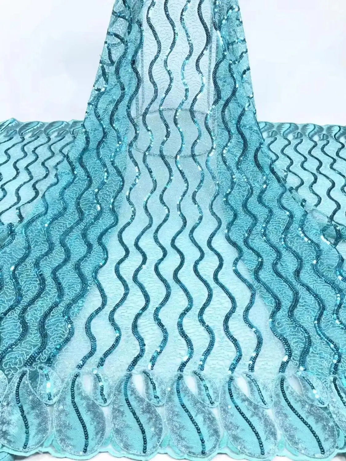 

French lace fabric 5yds/pce turquoise blue sequins embroidery mesh fabrics women gorgeous luxury swiss lagos party bright dress