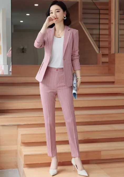 Pink coat and pants Модные темпераментные женские брючные костюмы новые деловые формальные длинный рукав в полоску Тонкий Блейзер и брюки Офисная Женская рабочая одежда - Цвет: Pink coat and pants
