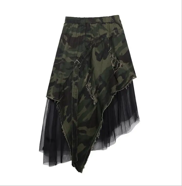 camouflage Женские весенне-осенние Асимметричные камуфляжные леопардовые юбки модные Лоскутные рваные длинные юбки модные Saias один размер K1189 - Цвет: camouflage