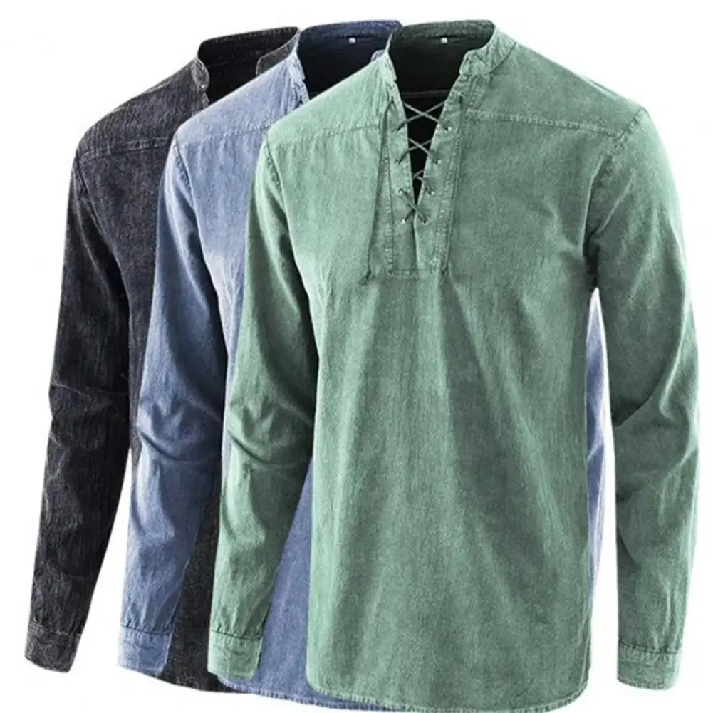 

Loose Casual Pullover Men's Fashion Shirt Laced V-Neck Tops Long Sleeve Retro Laced Solid Color Shirt Men's T-Shirt Long Sleeve