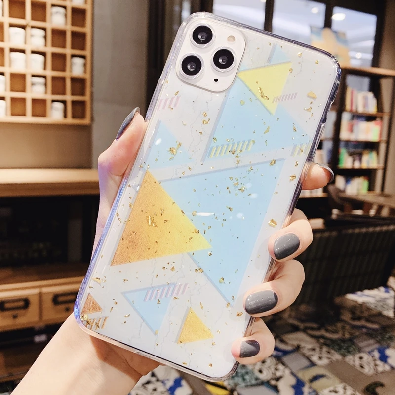 Чехол для Iphone 11 Pro XS MAX X XR XS 8 7 6 роскошный треугольный мягкий TPU геометрический Блестящий блестящий чехол с блестками из фольги камень рок 15 шт