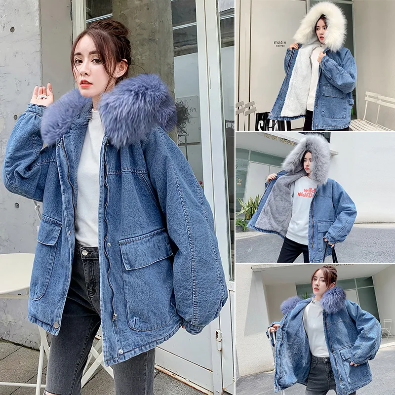 

2019 Winter New Style Korean-style Large Fur Collar Hooded Students plus Velvet Mid-length Jeans Coat Women's