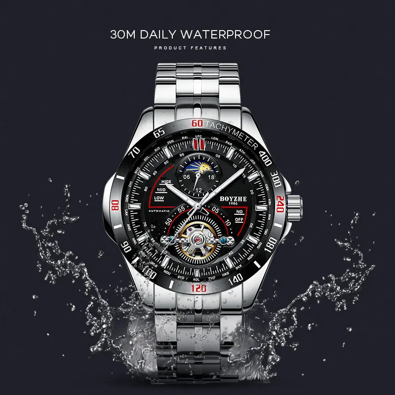 BOYZHE новые автоматические механические часы мужские Tourbillon часы Мужские 316 стальные часы 30 м водонепроницаемые спортивные часы светящиеся
