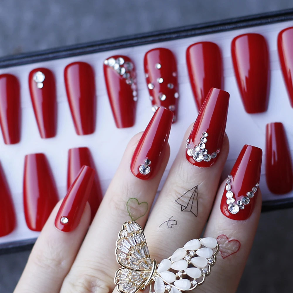 Coffin Crystal Gel False Nails Red Ballet Rhinestones Press On Nails With  Black Box Glossy Girlfriend Nails Gift - False Nails - AliExpress