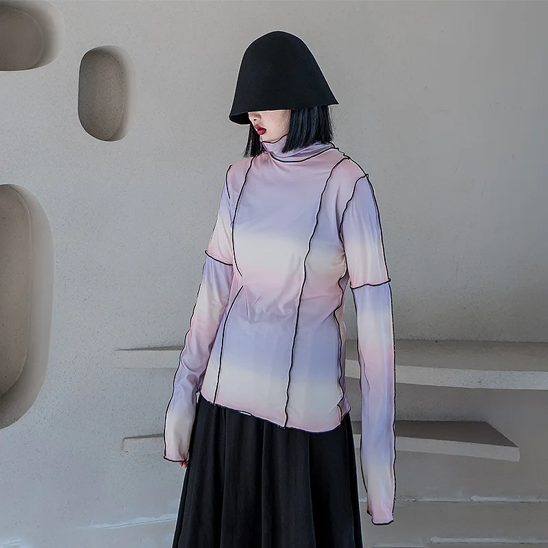 light purple WLD2789 XITAO сетчатая упаковка футболка женская мода новинка осень водолазка лоскутное элегантный пуловер богиня Вентилятор Повседневная футболка WLD2789 - Цвет: light purple WLD2789