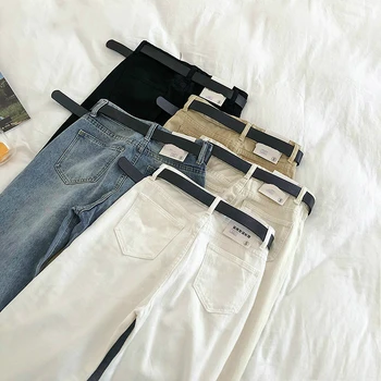 

Straight Jeans Women Solid Vintage Jeans Sashes Casual High Waist Jeans Plus Size Mom Boyfriends Jeans 2019 Denim Pants White