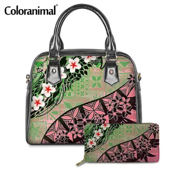 

Coloranimal Samoan Old Tapa Plumeria Print PU Shoulder Bag for Lady 2Pcs/Set Tote Handbag&Wallet Women Messenger Bag Bolsa Hot