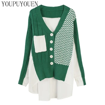 

Women Stitching V Neck Loose Knit Cardigan Long Sleeve 2019 Autumn Winter Oversized Sweaters Knitted Clothes Knitwear Jacket