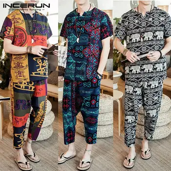 

Vintage Men Sets Ethnic Printed Retro Short Sleeve Casual T Shirt Loose Pants Streetwear Men Clothes 2 Pieces INCERUN S-5XL 2020