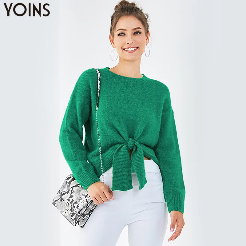 

YOINS 2019 Autumn Winter Women Sweaters Tie-up Mock Neck Sweater Female Long Sleeves Casual Knitted Tops Pullovers Femme Green