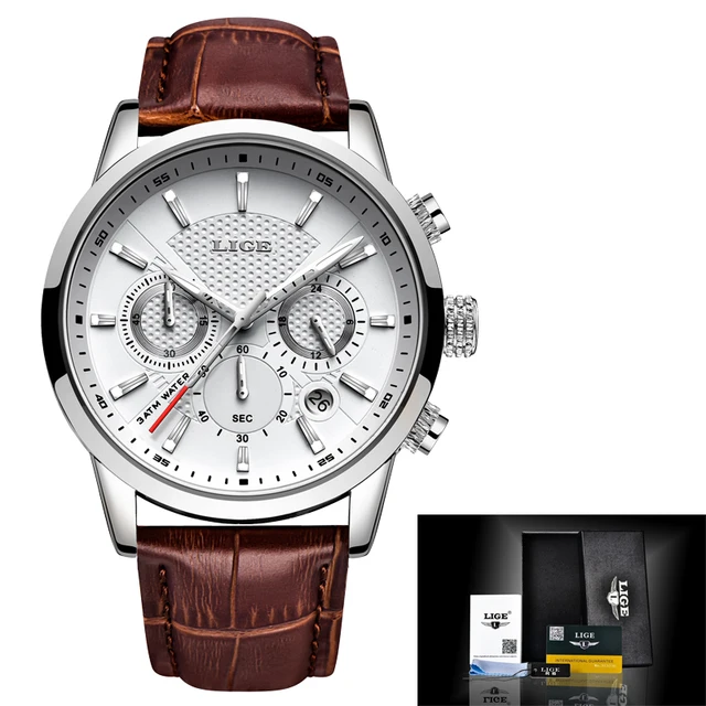 LIGE Business Mens Watches Brand Luxury Leather Waterproof Sport Quartz Chronograph Military Watch Men Clock Relogio Masculino Silver White