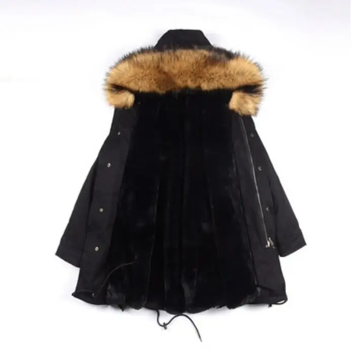 black and black Меховая ткань парки на подкладке женские новые зимние тонкие теплые пальто с капюшоном из искусственного лисьего меха Женское пальто с искусственным мехом r1655 - Цвет: black and black