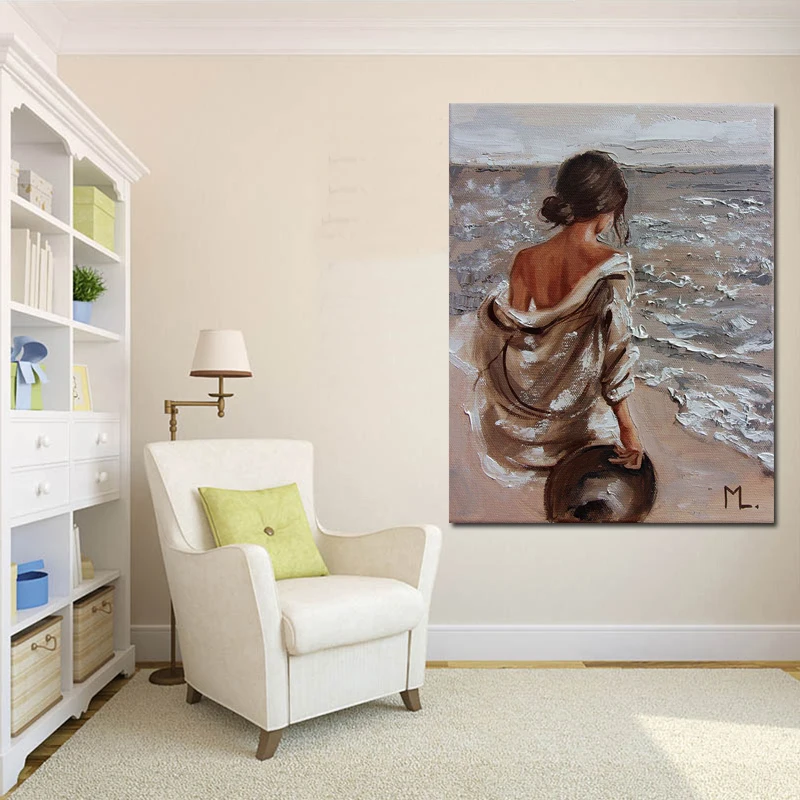 Canvas Painting Living Room Decoration Oil Painting Poster PrintNaked Shoulder Girl With Hat In Hand Facing The Waves Frameless