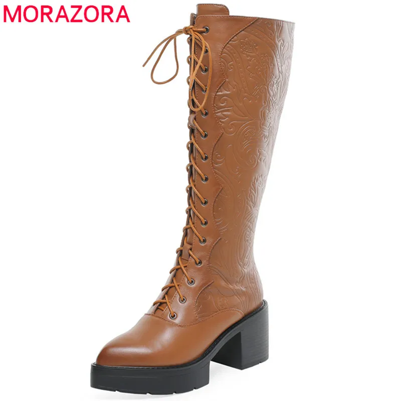 

MORAZORA 2020 Newest genuine leather shoes women knee high boots lace up autumn winter long boots high heel platform shoes woman