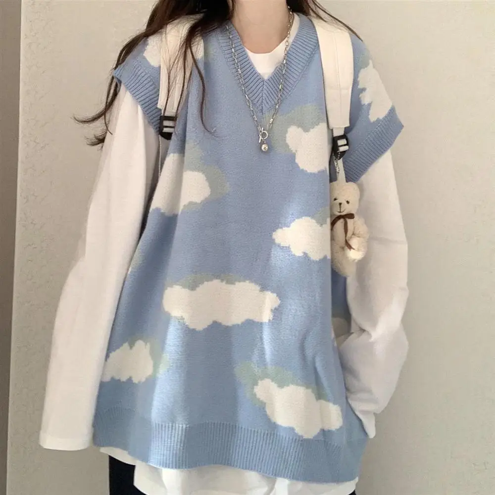 Женские свитера y2k облачными вязанный шерстяной жилет Harajuku Kawaii одежда больших