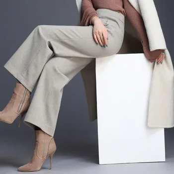 

High Waist Wool Wide Leg Pants Women 2020 Winter Warm Woolen Elegant Office Ladies Work Wear Straight Trousers Female Plus Size