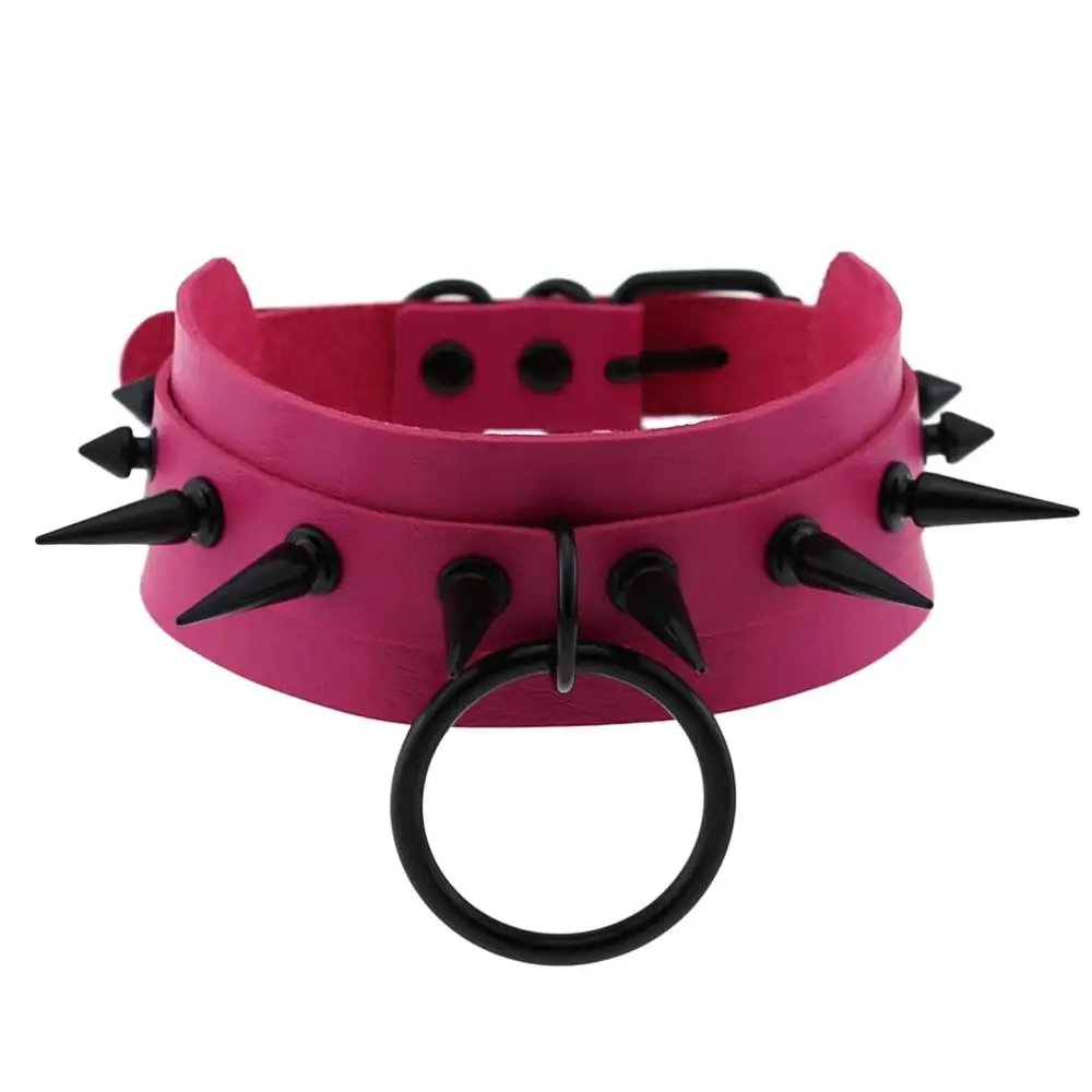 fuchsia Женский Мужской панк крутой негабаритный черный круглый чокер ожерелье Черная заклепка острый гвоздь кожаный ошейник - Окраска металла: fuchsia