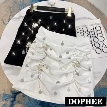 

Woman Short Skirts 2020 Summer New Sequined Pearl Beaded Pleated Solid Color Mini Skirt High Waist Package Hip Skirts Female