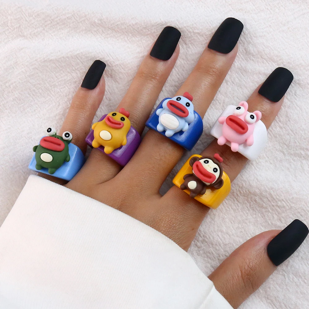 Cartoon Fruit Ring Women Fashion Korean Cute Animal Resin Acrylic Ring Set Christmas Birthday Party Gift Jewelry for Female Girl