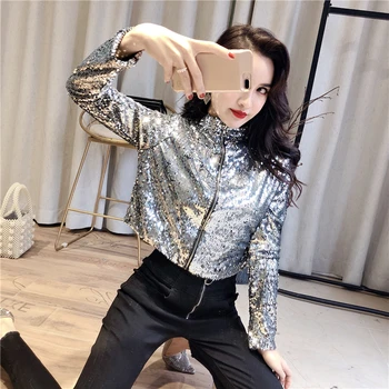 

2020 Spring silver/black Sequin Short Jacket Women ins zippers tops Bomber coats Long Sleeves Feminino Coat hip hop Outwear QT26