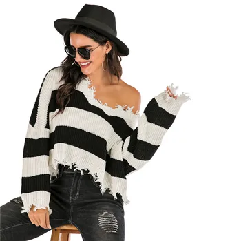 

WOMEN'S Dress Autumn And Winter Outer Wear Sweater Women's Loose-Fit V-neck Contrast Color Stripes Sweater Women's