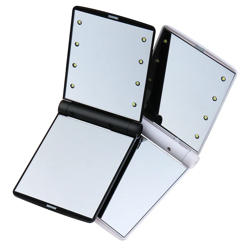 1PC 8 LED Lights Foldable Portable Ladies Makeup Mirror Black White Compact Pocket Mirror Beauty Cosmetic Tools
