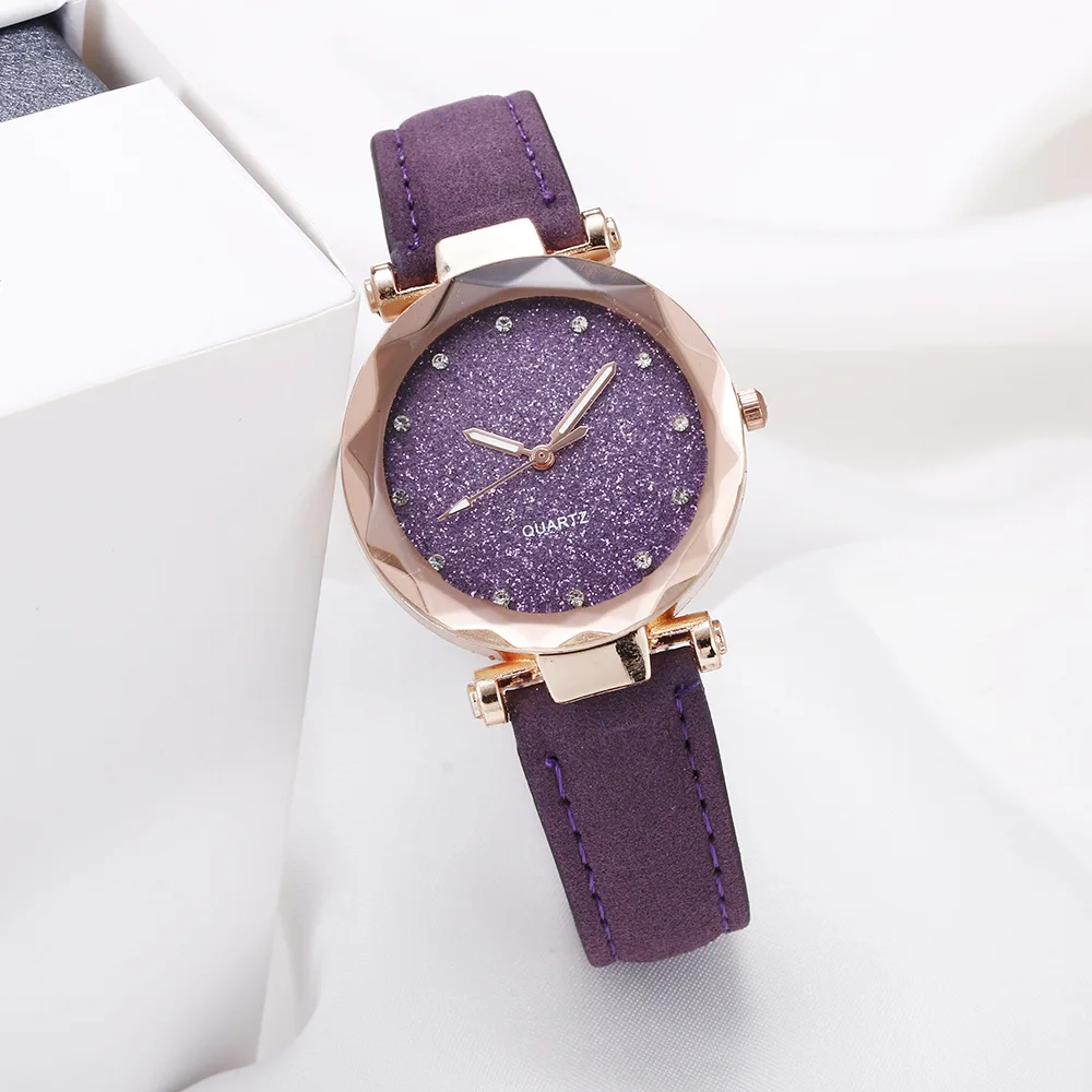 Purple Модные Женские Романтические звездное небо наручные часы браслет кожа со стразами, дизайнерские женские часы простое платье Gfit Montre Femme - Цвет: Purple