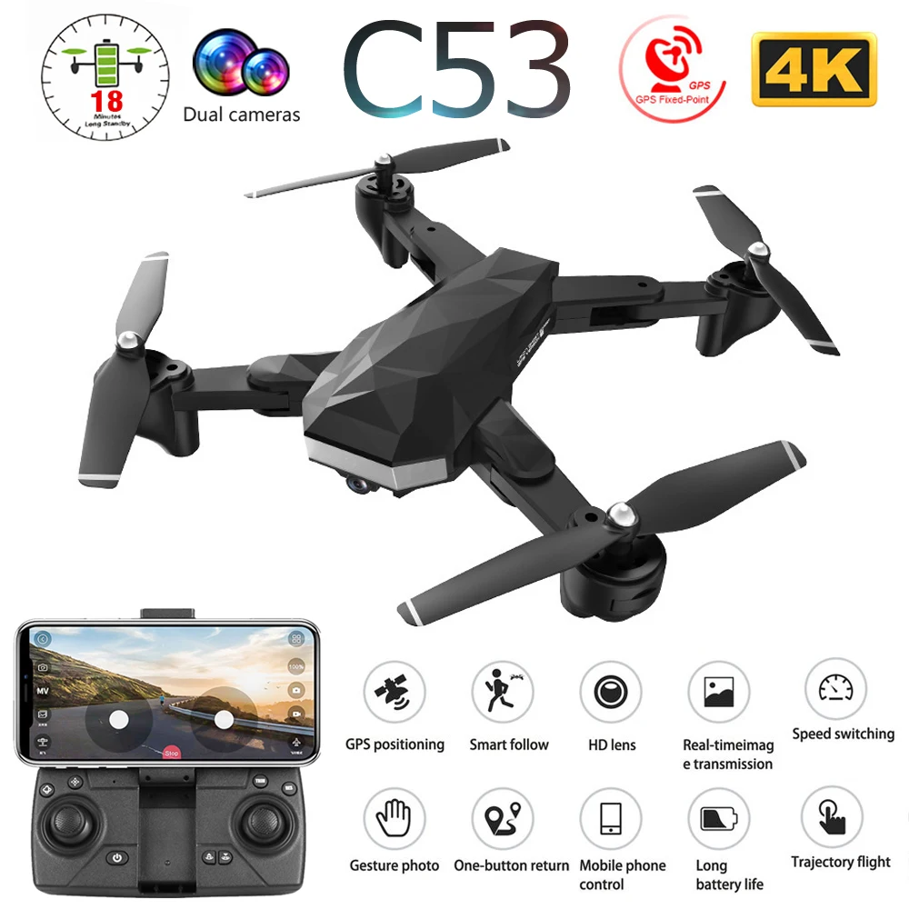 C53 5G GPS WiFi FPV RC Дрон с двойной камерой 4K HD Follow Me оптический поток складной