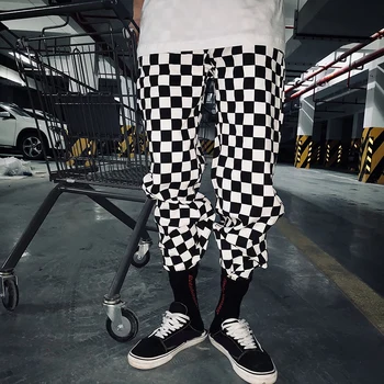 

Women's Pants 2019 New Black And White Checkerboard Plaid Casual High Waist Straight Pockets Loose Trousers Flat Wide Leg Pants*