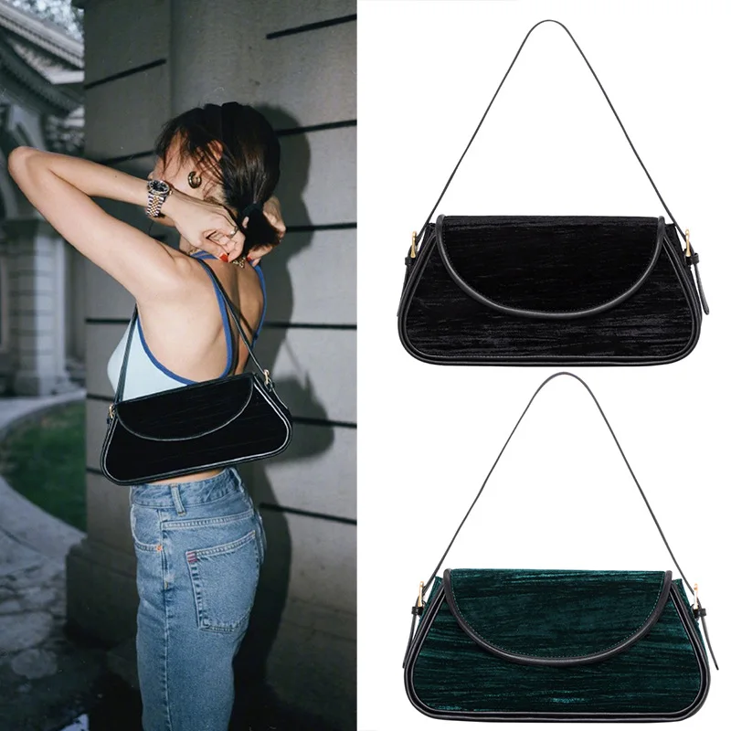 

Autumn And Winter New Style Ken Beans Velvet Armpit Bag Fashion WOMEN'S Leather Bags Retro Velvet Baguette Bag Shoulder Bag/ Han