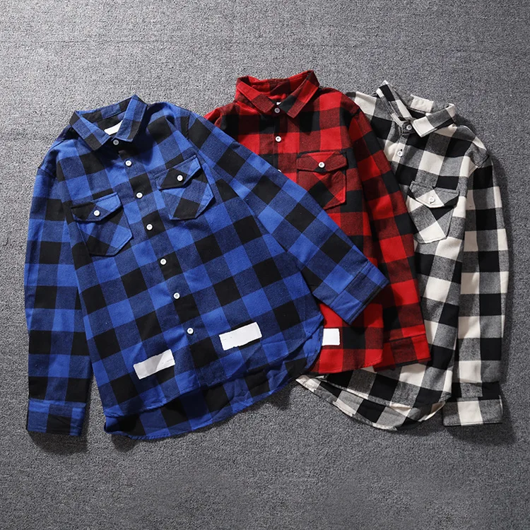 

Ow off Fall And Winter Clothes Red Cell Pattern Mid-length Shirt Men And Women Plaid White Shirt Coat Couples Fashion