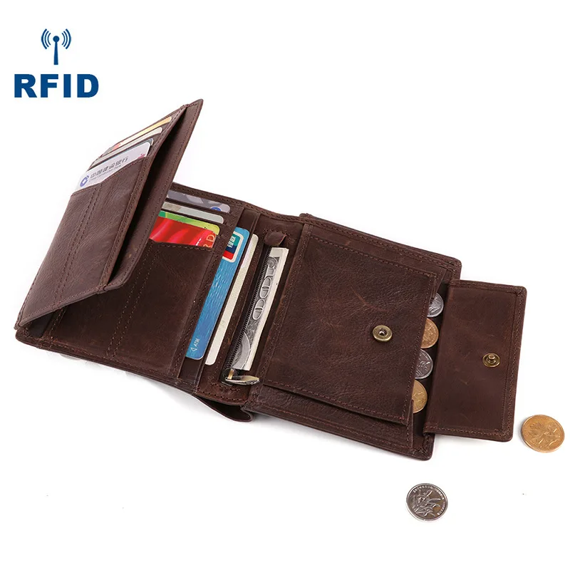 Для мужчин RFID бумажник из натуральной кожи тройного сгиба многопозиционная Повседневное светильник-Вес короткий кошелек мужской карты монета рукоятки карман на молнии