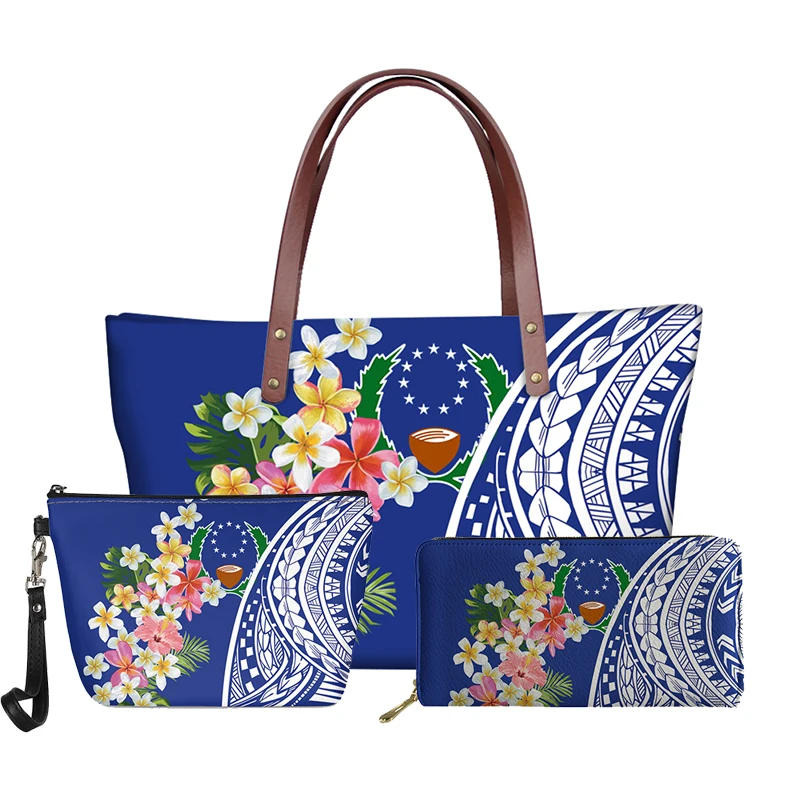 wallets for women Pohnpei Handbag Set Tribal Flower Hibiscus Women Shoulder Bag Leather Purse Casual Zipper Ladies Crossbody Bags for Teen Girls women's bags big Totes