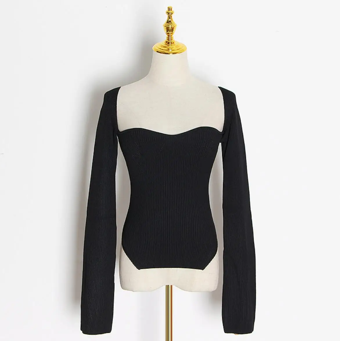 Solid Black Arc Square Collar Knitted T-shirt Slim Stretch Cut Long Sleeve Women Top