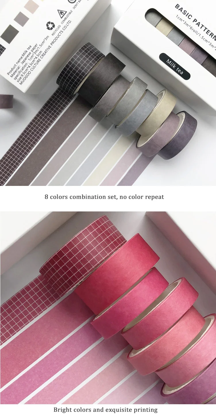 JIANWU 8pcs/set Retro Solid Color Basic Decoration Washi Tape Set DIY Scrapbook Cute Sticker Kawaii Masking Tape School Supplies