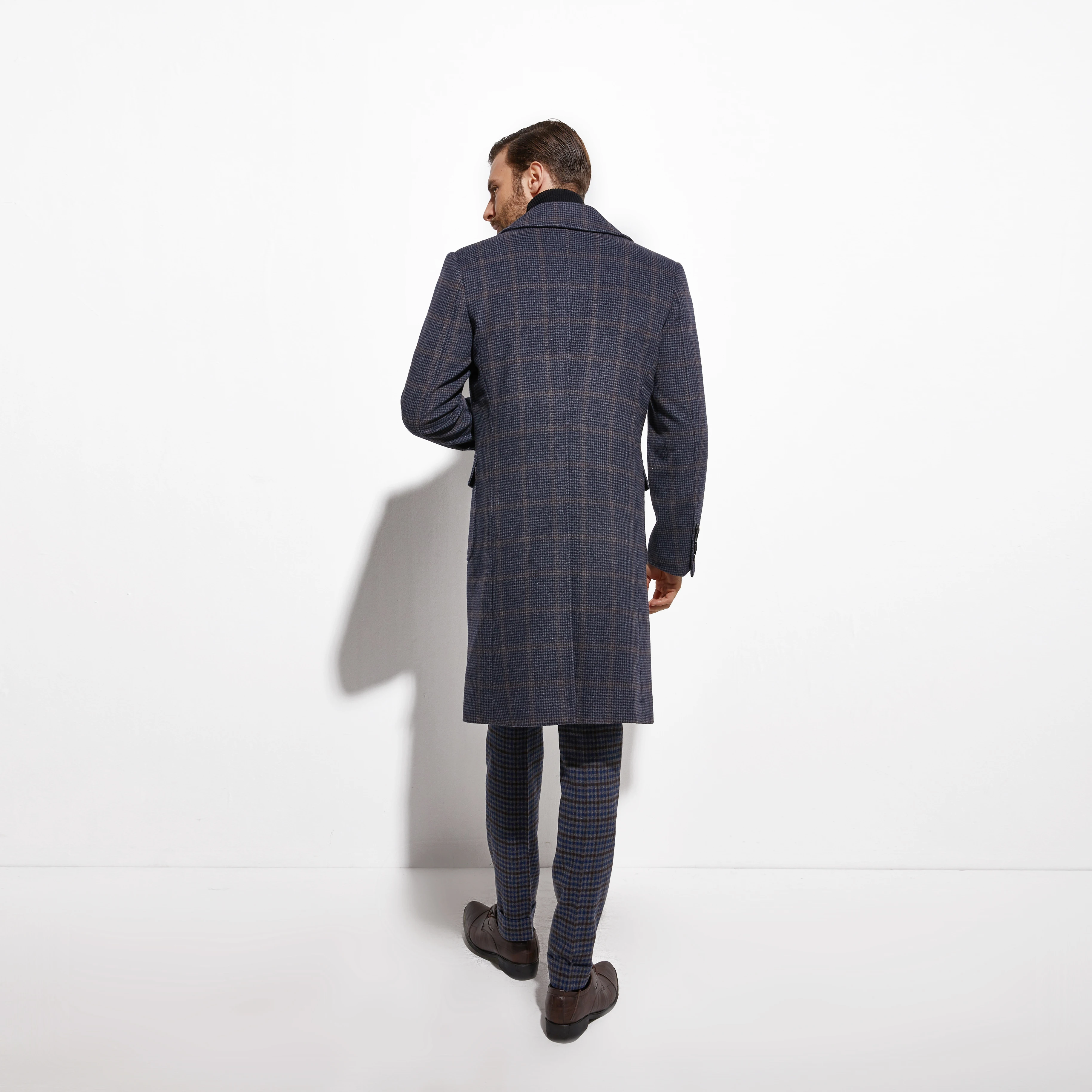 Winter Topcoat Double Breasted Navy Windowpane Long Coats Man Custom Made Heavy Warm Wool Blend Tailored Slim Long Jacket Autumn