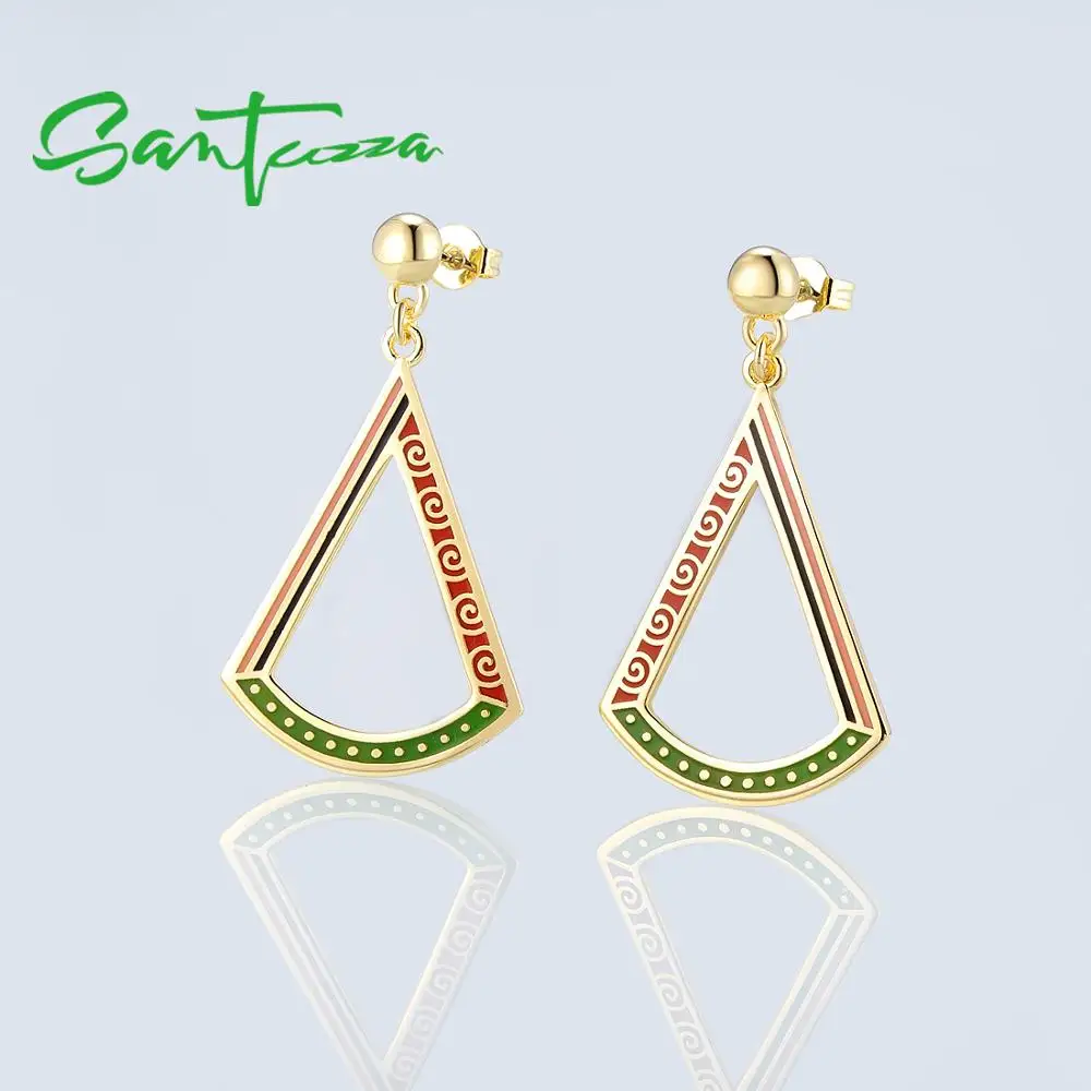 

SANTUZZA Brass Earrings for Women Yellow Gold Color Charming Antique Triangle HANDMADE Enamel Dangling Earrings Party Jewelry