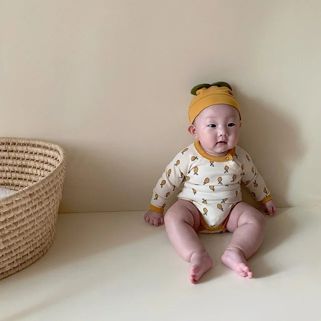 MILANCEL Newborn Baby Clothes Lemon Print Baby Bodysuit Cute Baby Hat Toddler Boys Bodysuit Set baby Indoor Clothes 2